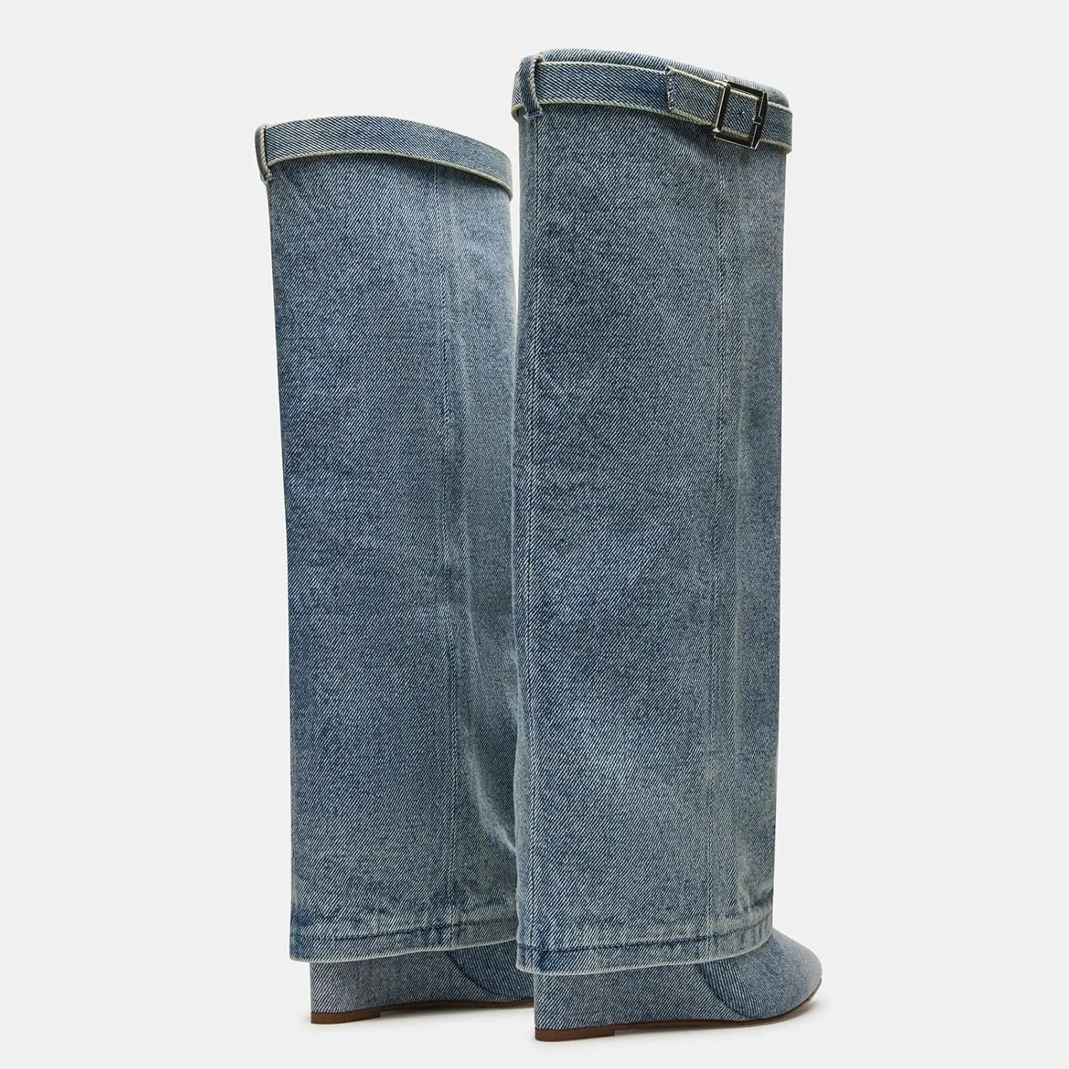 Yishaweiqi Fold Over Boots Wide-calf Wedge Heel Knee High Boot With Decorative Lock