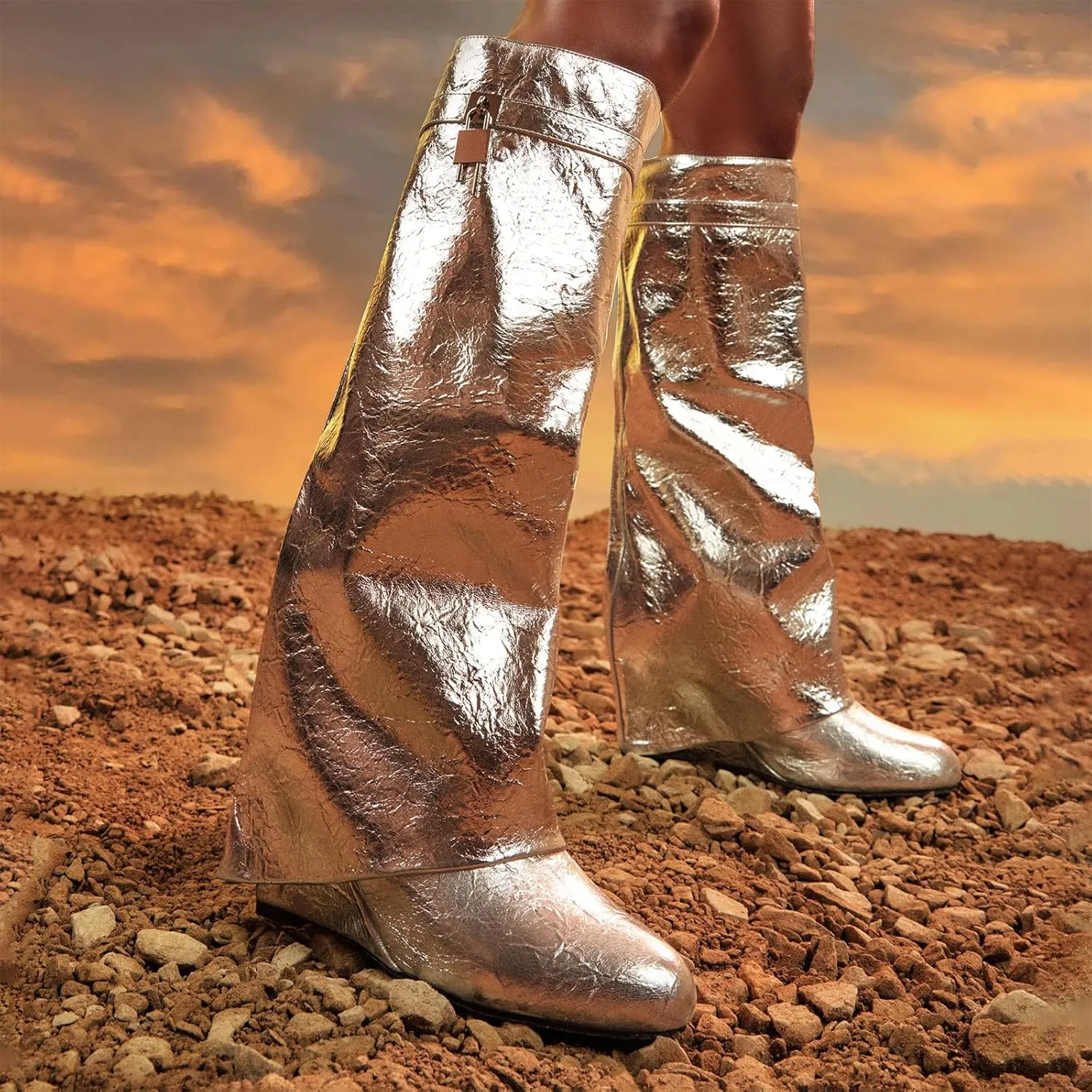 Yishaweiqi Fold Over Boots Wide-calf Wedge Heel Knee High Boot With Decorative Lock