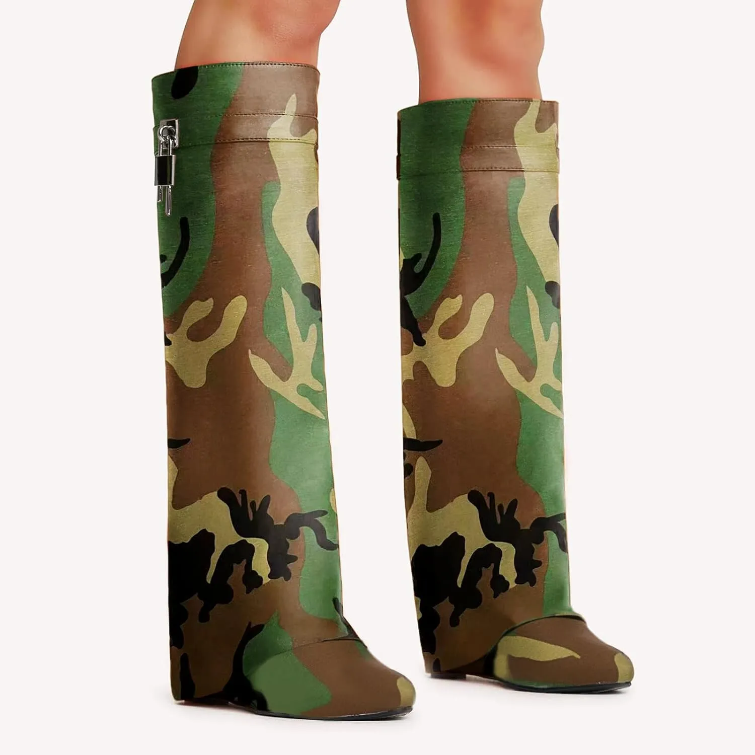 Yishaweiqi Fold Over Boots Wide-calf Wedge Heel Knee High Boot With Decorative Lock
