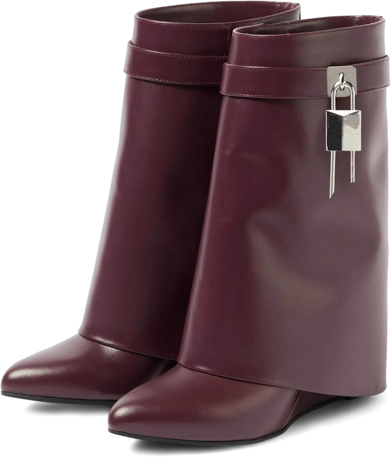 Yishaweiqi Padlock Ankle Boots Fold Over Wedge Heel Booties Wide-calf Short Boot