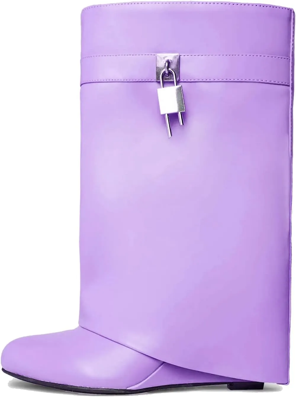 Yishaweiqi Padlock Ankle Boots Fold Over Wedge Heel Booties Wide-calf Short Boot