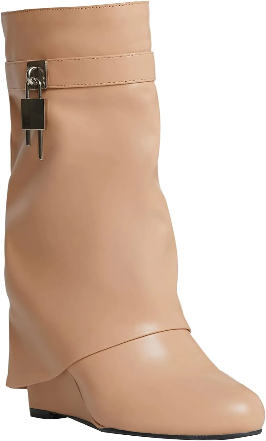 Yishaweiqi Padlock Ankle Boots Fold Over Wedge Heel Booties Wide-calf Short Boot