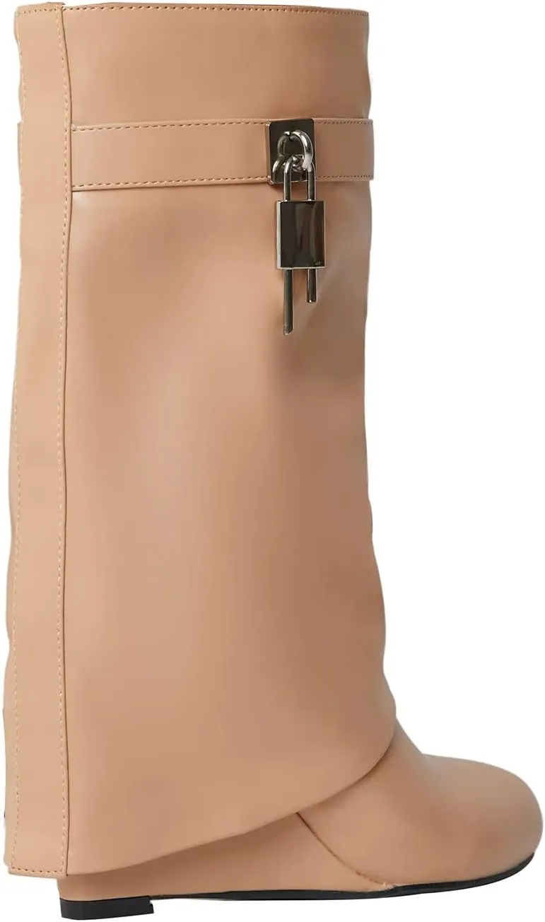Yishaweiqi Padlock Ankle Boots Fold Over Wedge Heel Booties Wide-calf Short Boot