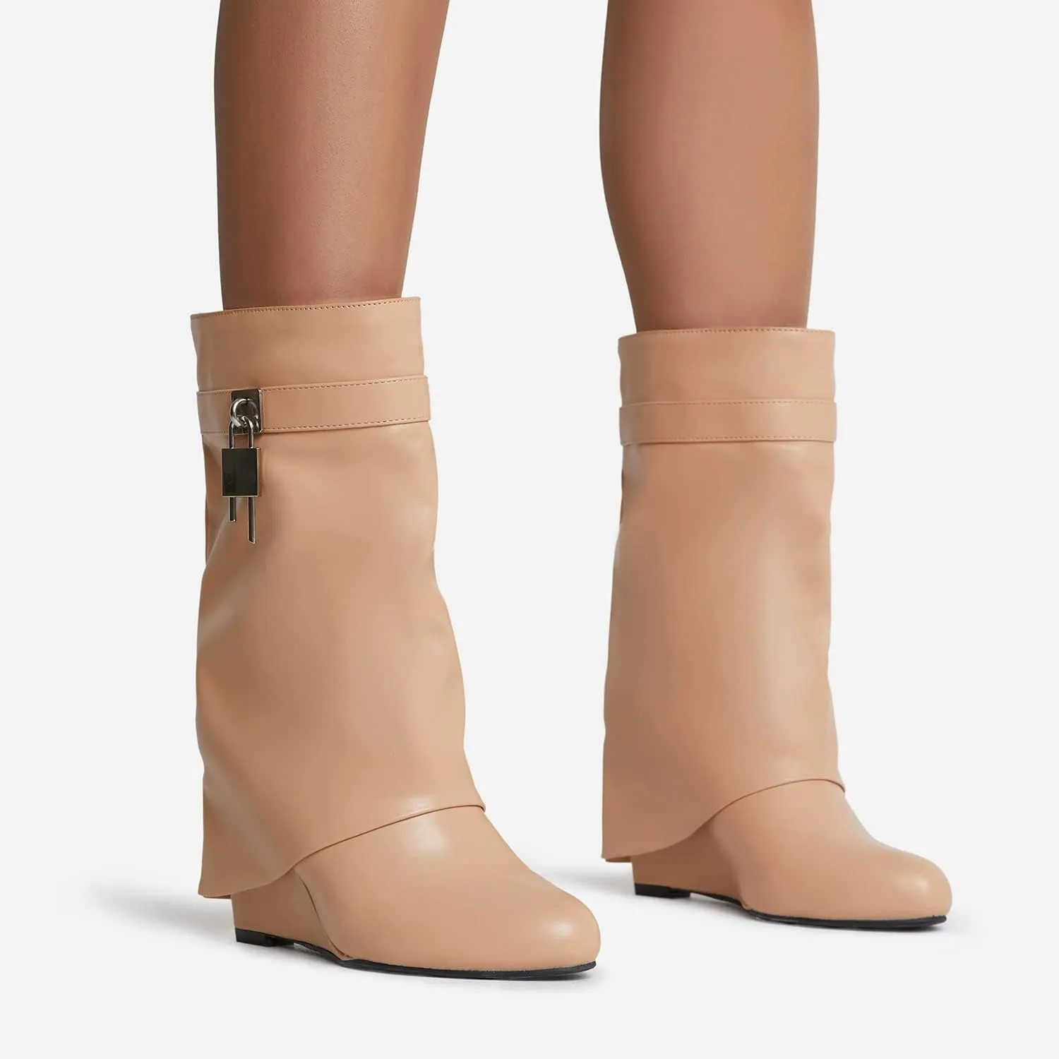 Yishaweiqi Padlock Ankle Boots Fold Over Wedge Heel Booties Wide-calf Short Boot