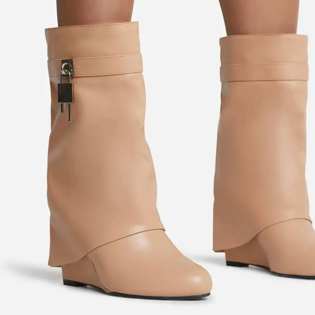 Yishaweiqi Padlock Ankle Boots Fold Over Wedge Heel Booties Wide-calf Short Boot