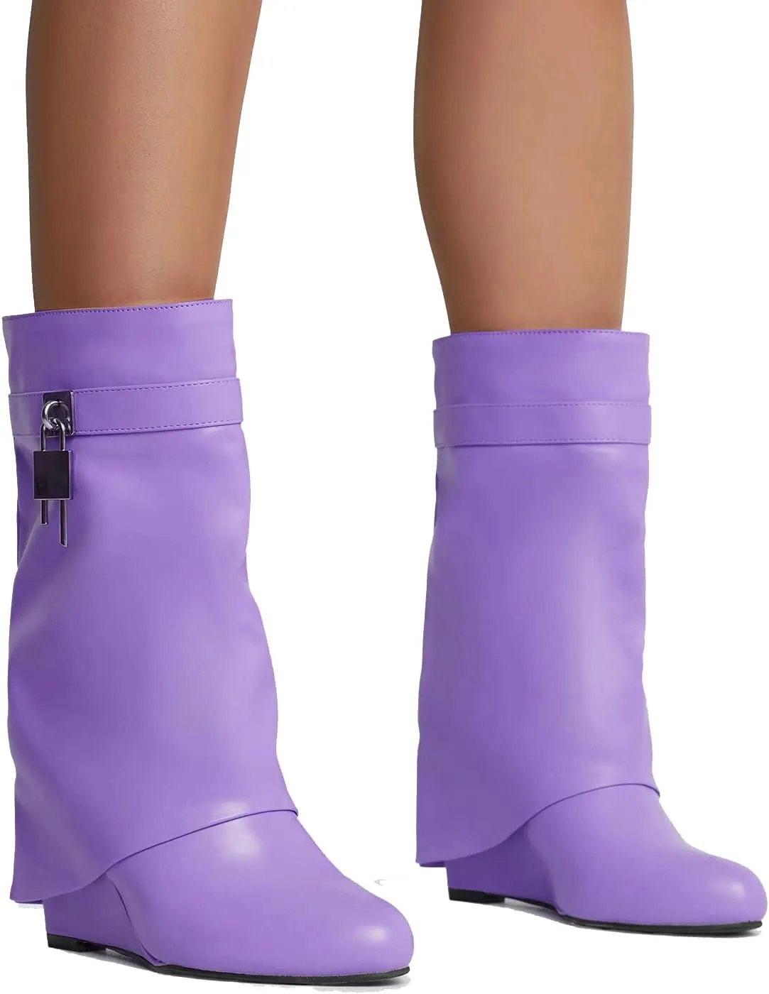 Yishaweiqi Padlock Ankle Boots Fold Over Wedge Heel Booties Wide-calf Short Boot
