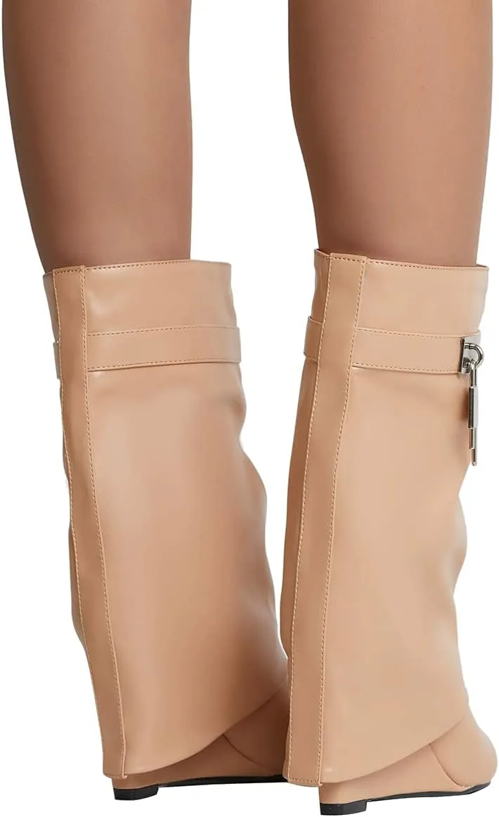 Yishaweiqi Padlock Ankle Boots Fold Over Wedge Heel Booties Wide-calf Short Boot