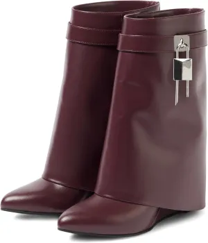 Yishaweiqi Padlock Ankle Boots Fold Over Wedge Heel Booties Wide-calf Short Boot