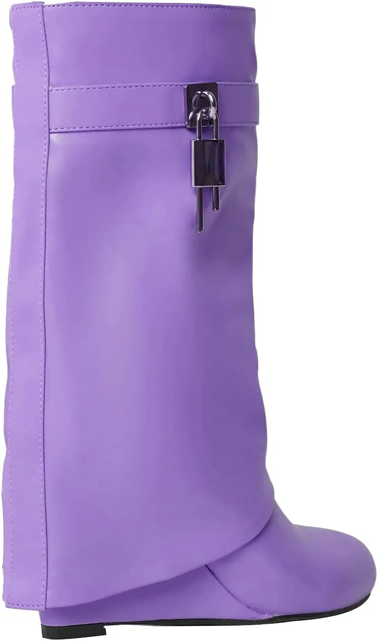 Yishaweiqi Padlock Ankle Boots Fold Over Wedge Heel Booties Wide-calf Short Boot