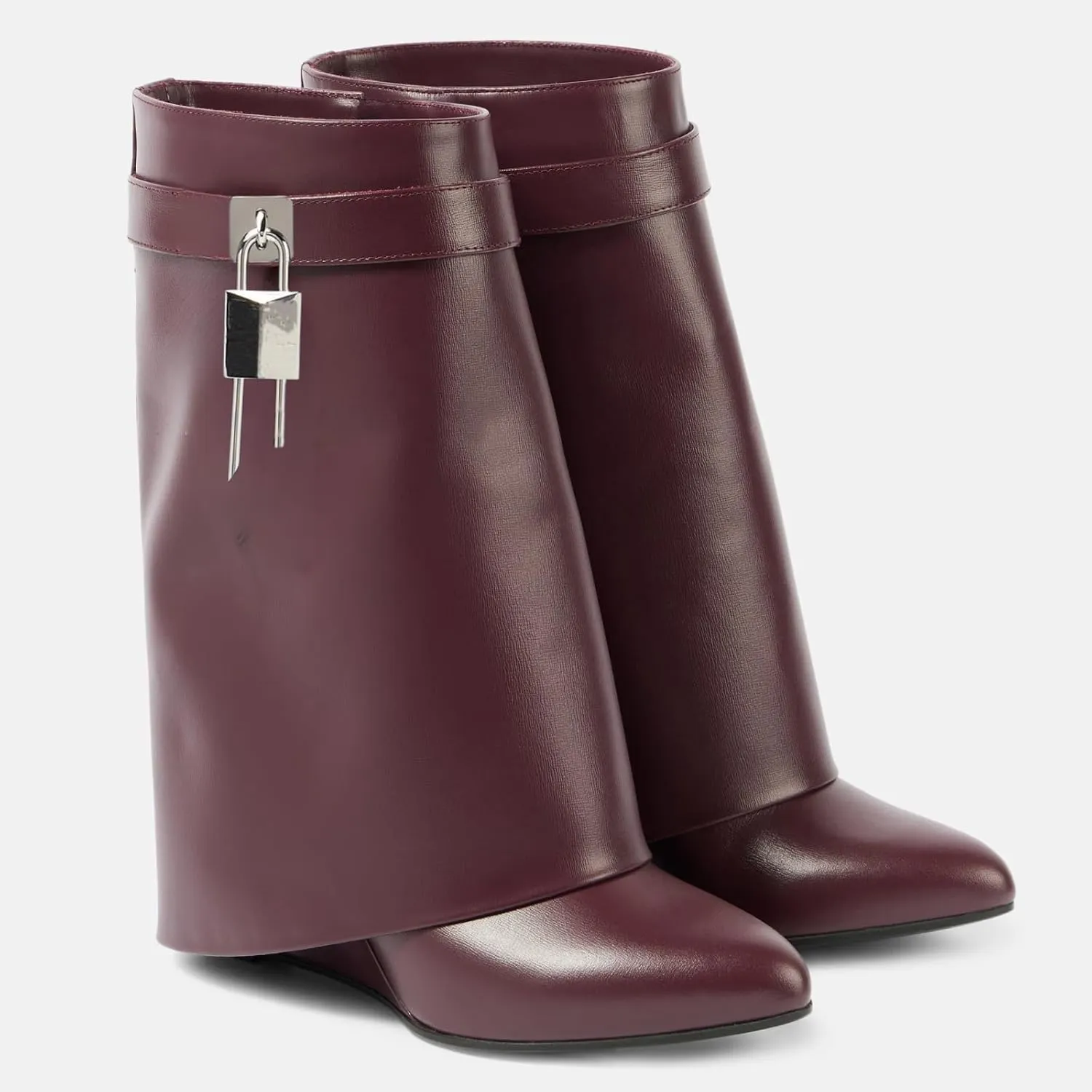 Yishaweiqi Padlock Ankle Boots Fold Over Wedge Heel Booties Wide-calf Short Boot