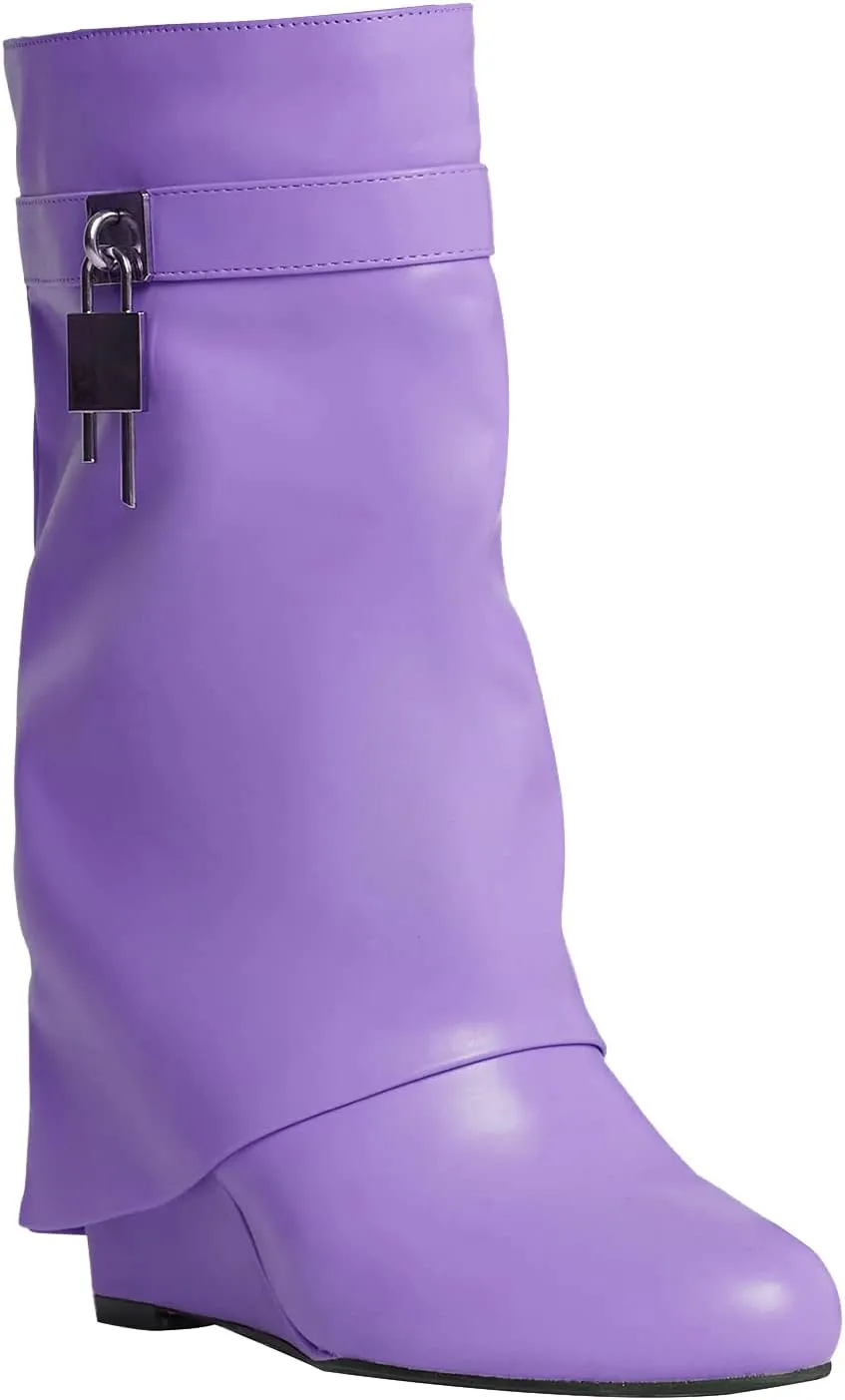 Yishaweiqi Padlock Ankle Boots Fold Over Wedge Heel Booties Wide-calf Short Boot
