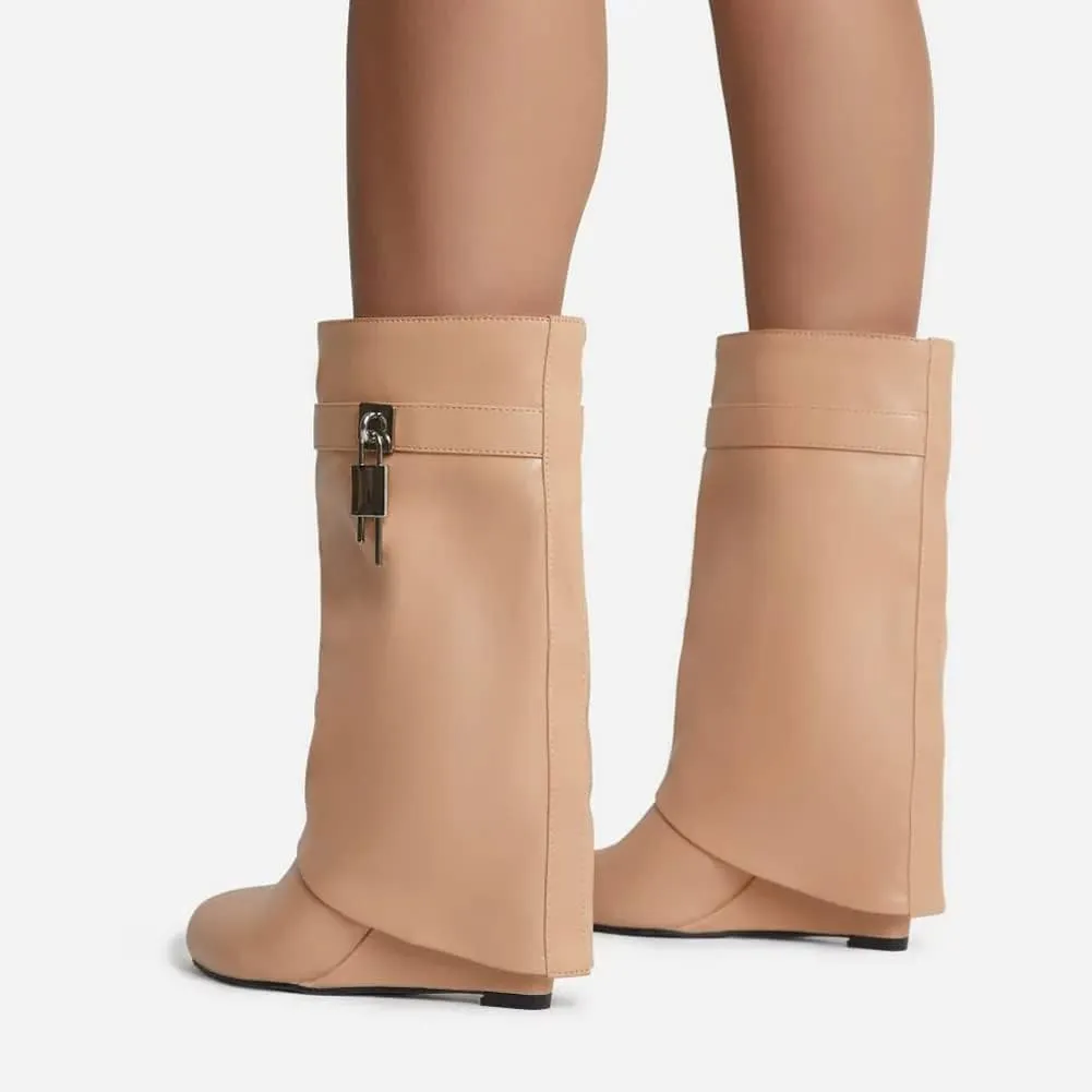 Yishaweiqi Padlock Ankle Boots Fold Over Wedge Heel Booties Wide-calf Short Boot