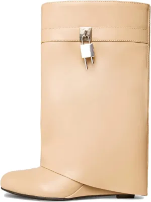 Yishaweiqi Padlock Ankle Boots Fold Over Wedge Heel Booties Wide-calf Short Boot