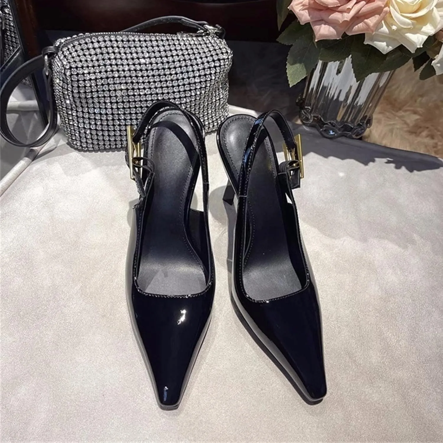 YIYA Slingback Heels Pumps Shoes for Women with Buckle Strap Slip On Closed Pointed Toe Stiletto High Heel Wedding Party Casual Dress Backless Mules Sandals
