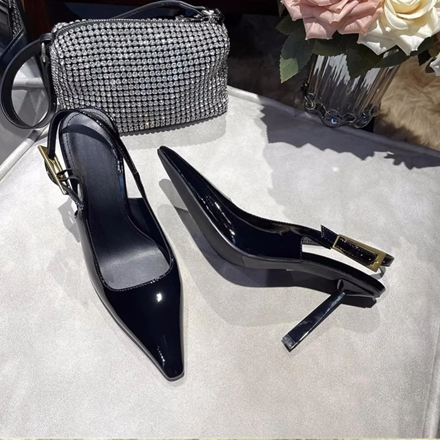 YIYA Slingback Heels Pumps Shoes for Women with Buckle Strap Slip On Closed Pointed Toe Stiletto High Heel Wedding Party Casual Dress Backless Mules Sandals