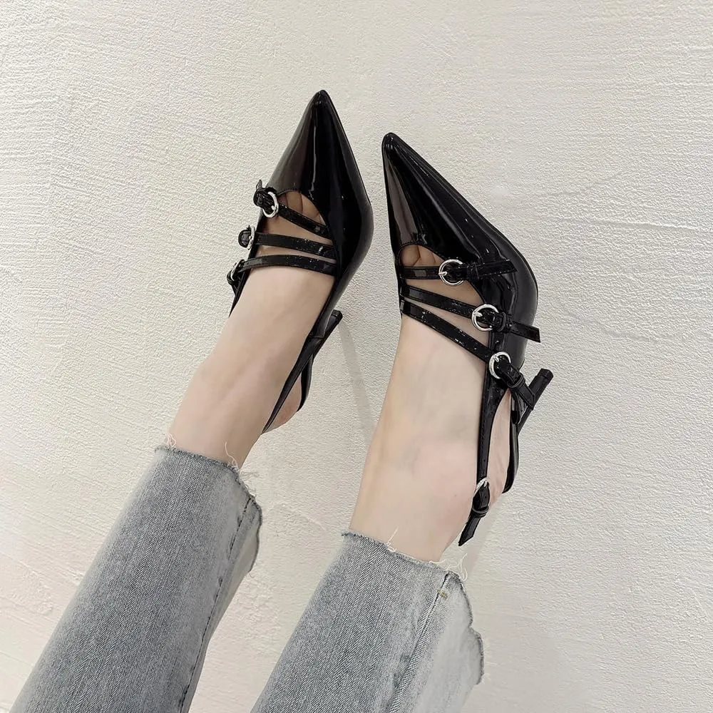 YIYA Women's Cherry Red Heels for Fall Slingback Closed Pointed Toe Stiletto High Heels Backless Slip-on Heeled Autumn Pumps Dress Shoes