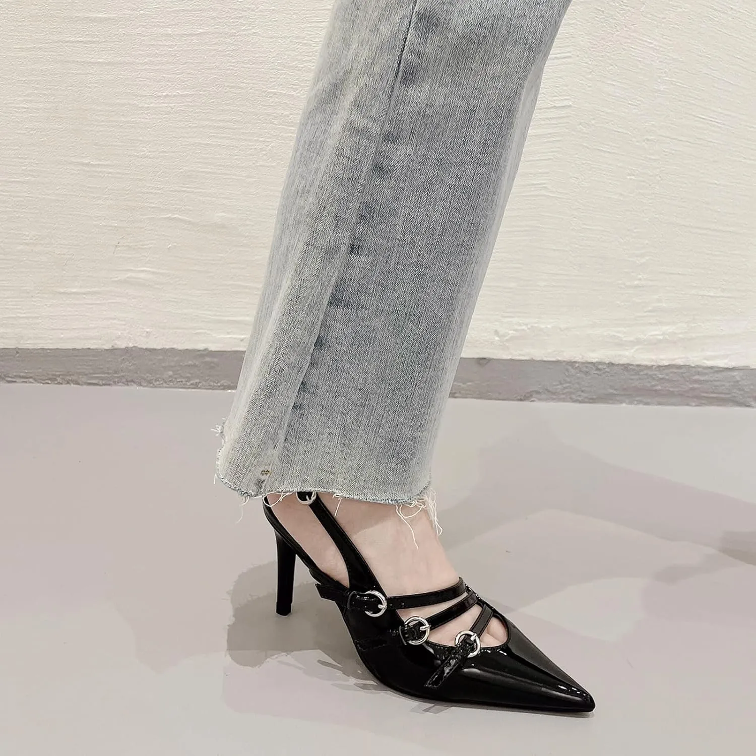 YIYA Women's Cherry Red Heels for Fall Slingback Closed Pointed Toe Stiletto High Heels Backless Slip-on Heeled Autumn Pumps Dress Shoes