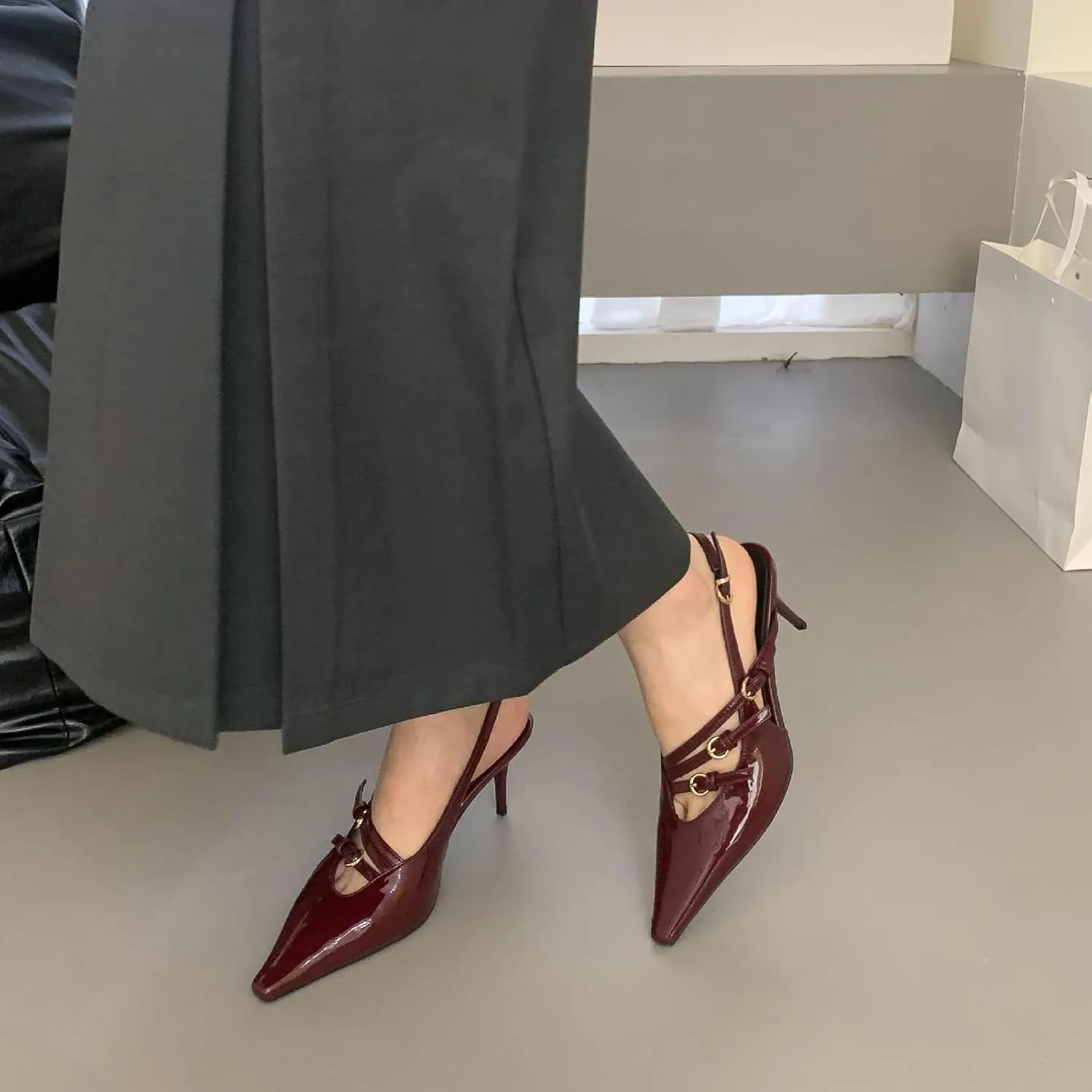 YIYA Women's Cherry Red Heels for Fall Slingback Closed Pointed Toe Stiletto High Heels Backless Slip-on Heeled Autumn Pumps Dress Shoes