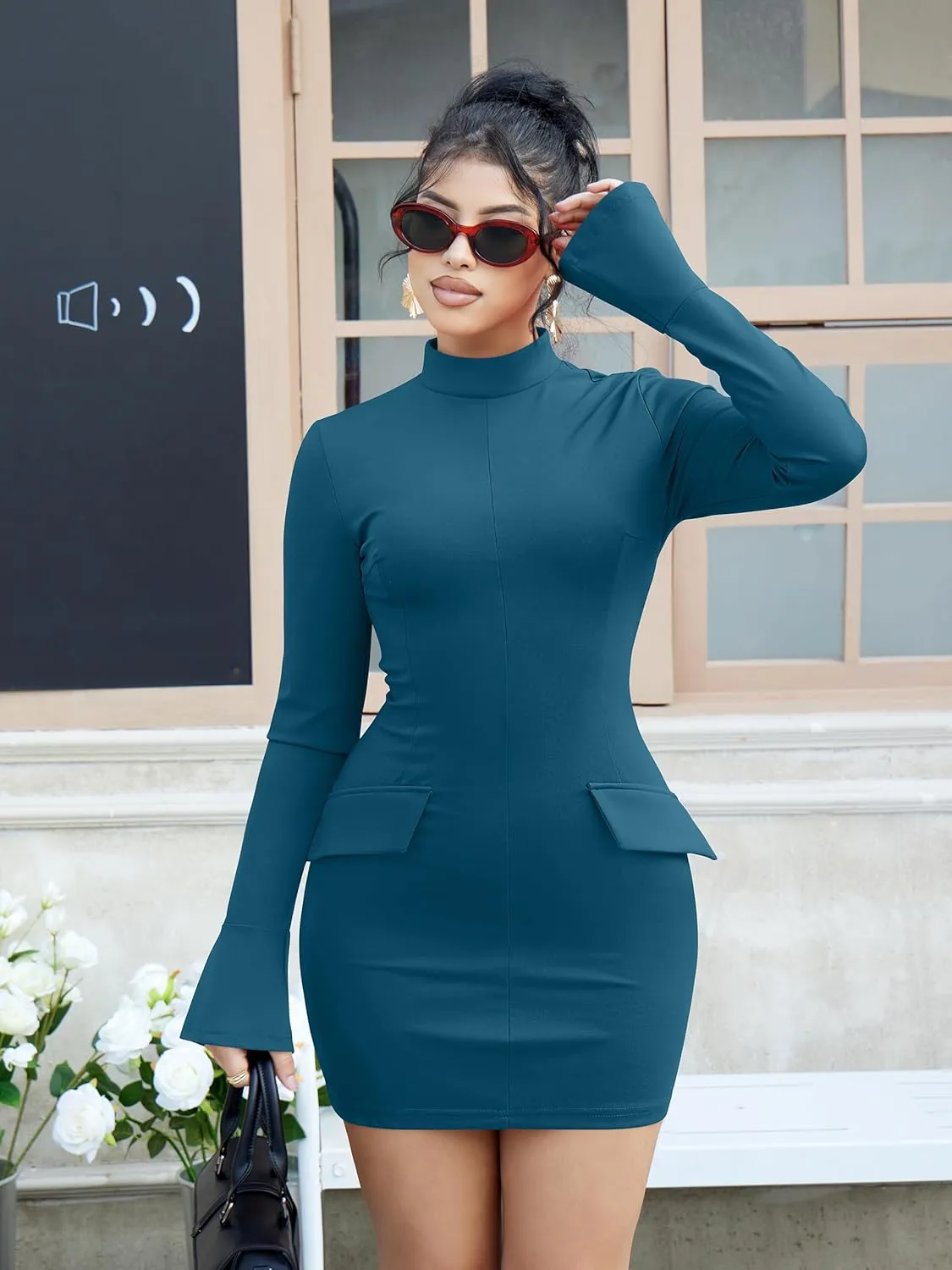 YMDUCH Women's Long Sleeve Mock Turtle Neck Bodycon Mini Tank Short Party Dress