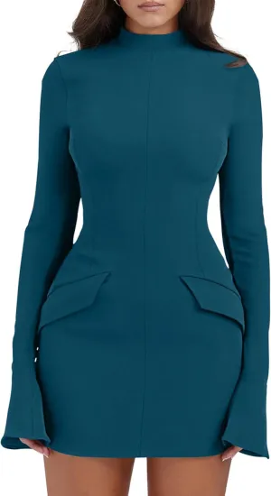 YMDUCH Women's Long Sleeve Mock Turtle Neck Bodycon Mini Tank Short Party Dress