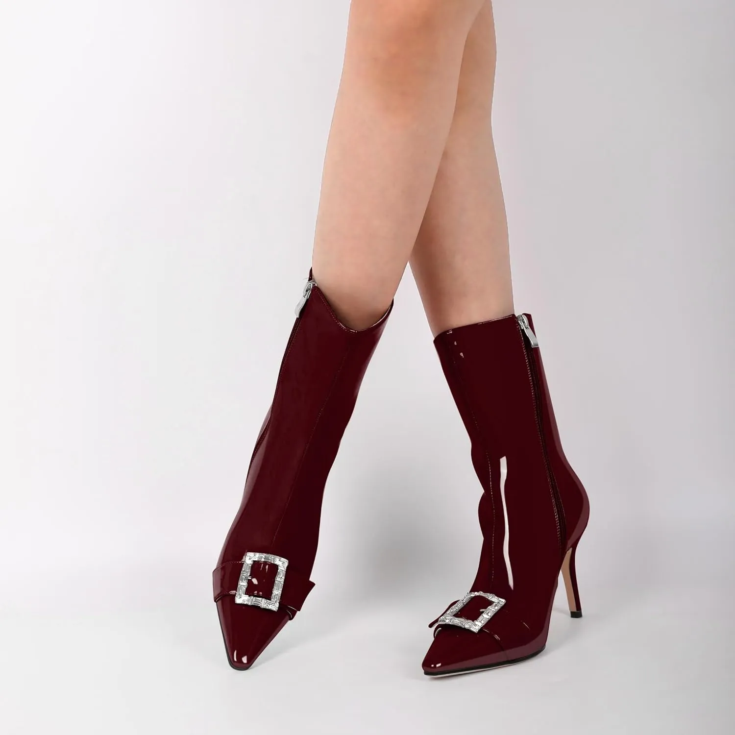 YODEKS Ankle Boots For Women Short Boots Pointed Toe 3.5 Inch High Heel Boots Rhinestone Buckle Boots