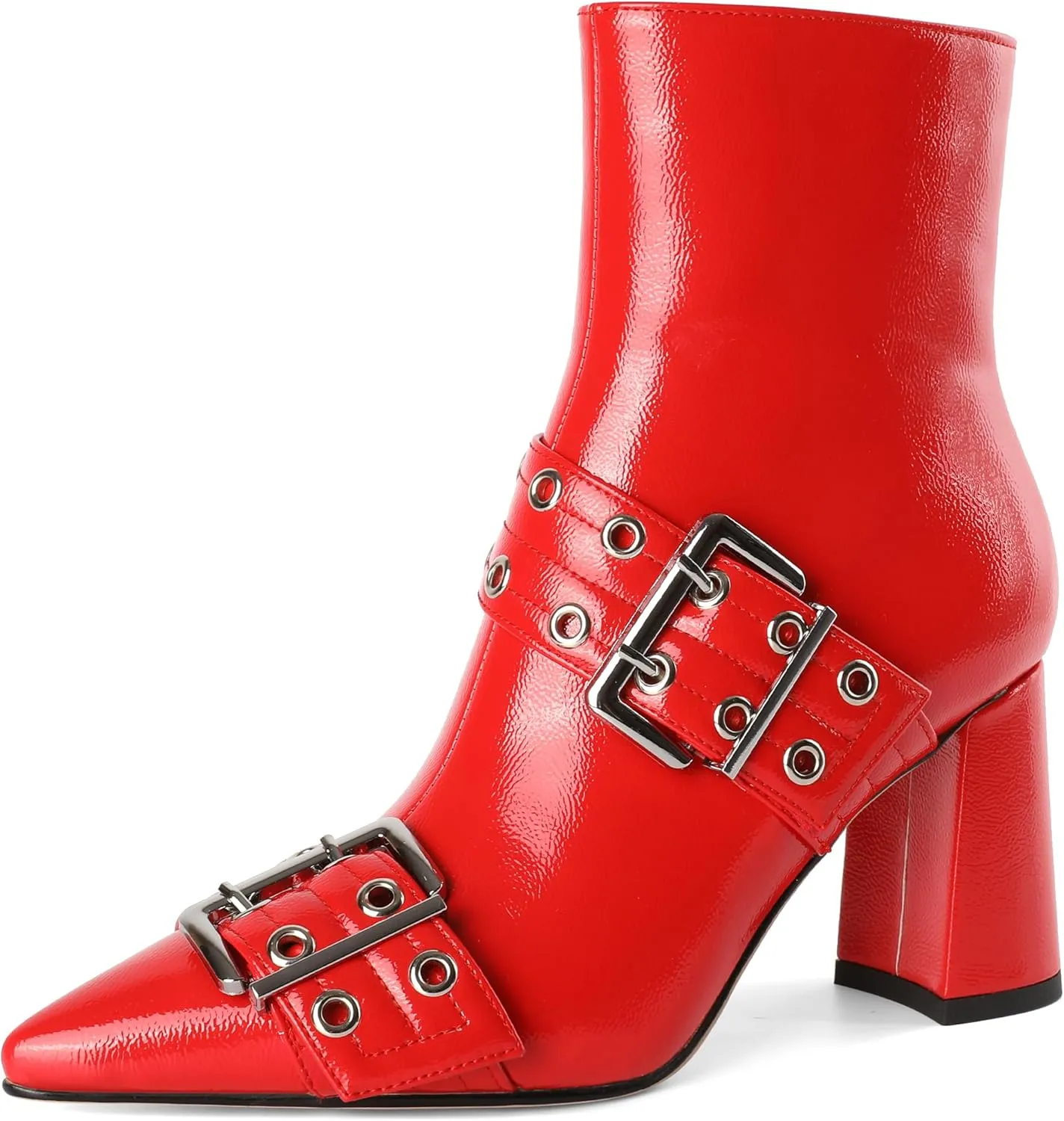 YODEKS Ankle Boots For Women Short Boots Pointed Toe Chunky High Heel Boots Metal Buckle Studded Boots