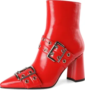 YODEKS Ankle Boots For Women Short Boots Pointed Toe Chunky High Heel Boots Metal Buckle Studded Boots