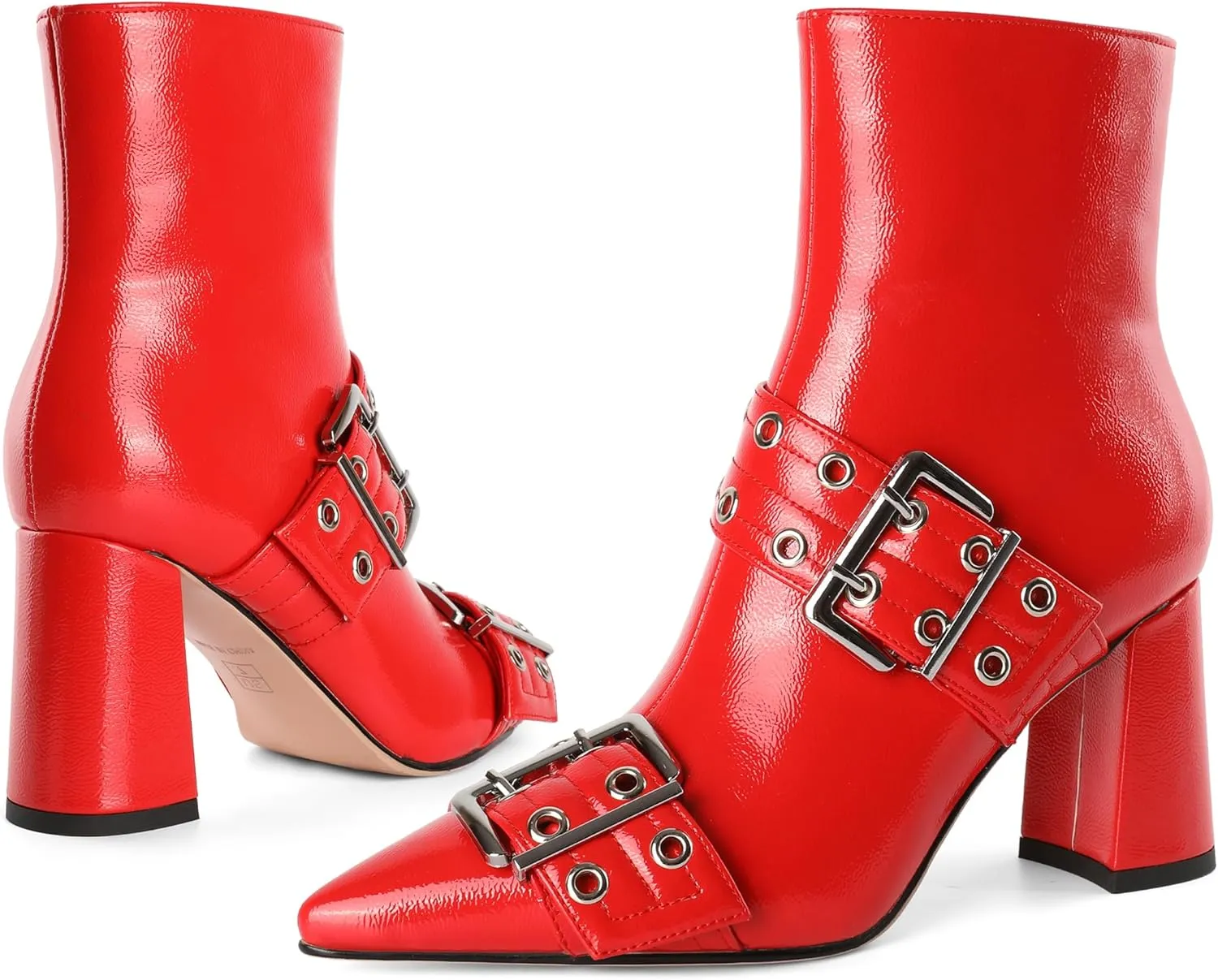 YODEKS Ankle Boots For Women Short Boots Pointed Toe Chunky High Heel Boots Metal Buckle Studded Boots