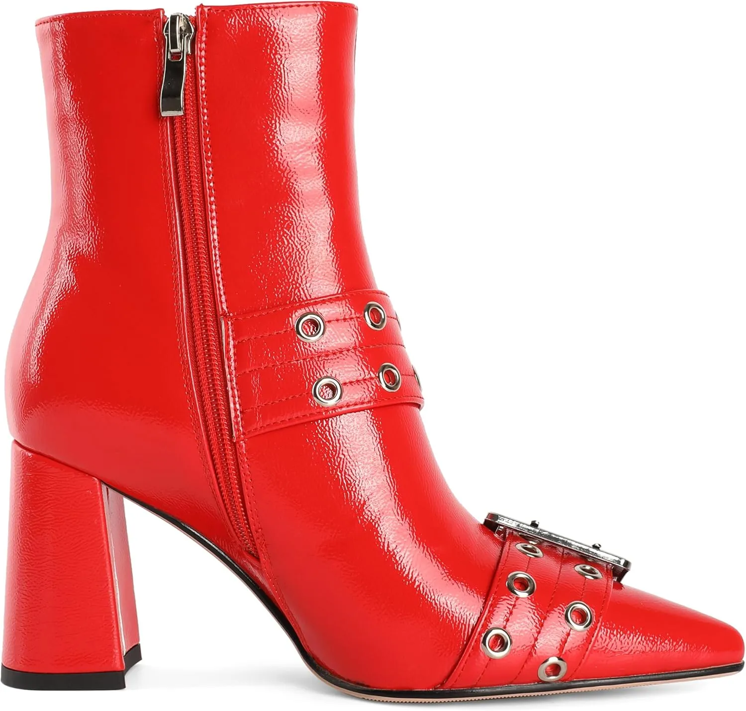 YODEKS Ankle Boots For Women Short Boots Pointed Toe Chunky High Heel Boots Metal Buckle Studded Boots