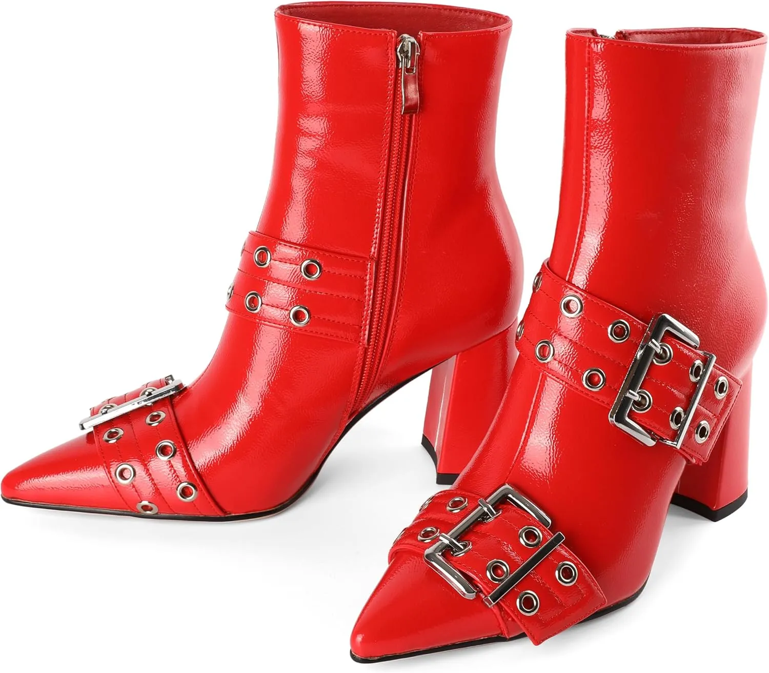 YODEKS Ankle Boots For Women Short Boots Pointed Toe Chunky High Heel Boots Metal Buckle Studded Boots