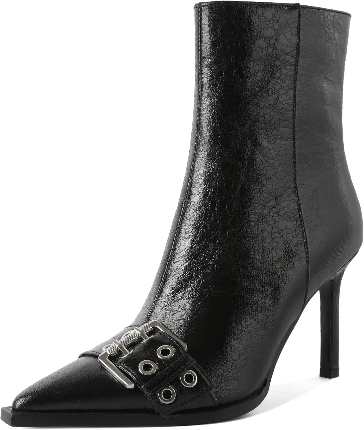 YODEKS Women Ankle Boots Pointed Toe 3.5" High Heel Boots Eyelets Buckles Straps Booties Side Zipper Short Boots