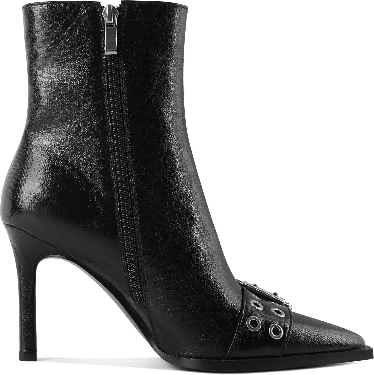 YODEKS Women Ankle Boots Pointed Toe 3.5" High Heel Boots Eyelets Buckles Straps Booties Side Zipper Short Boots