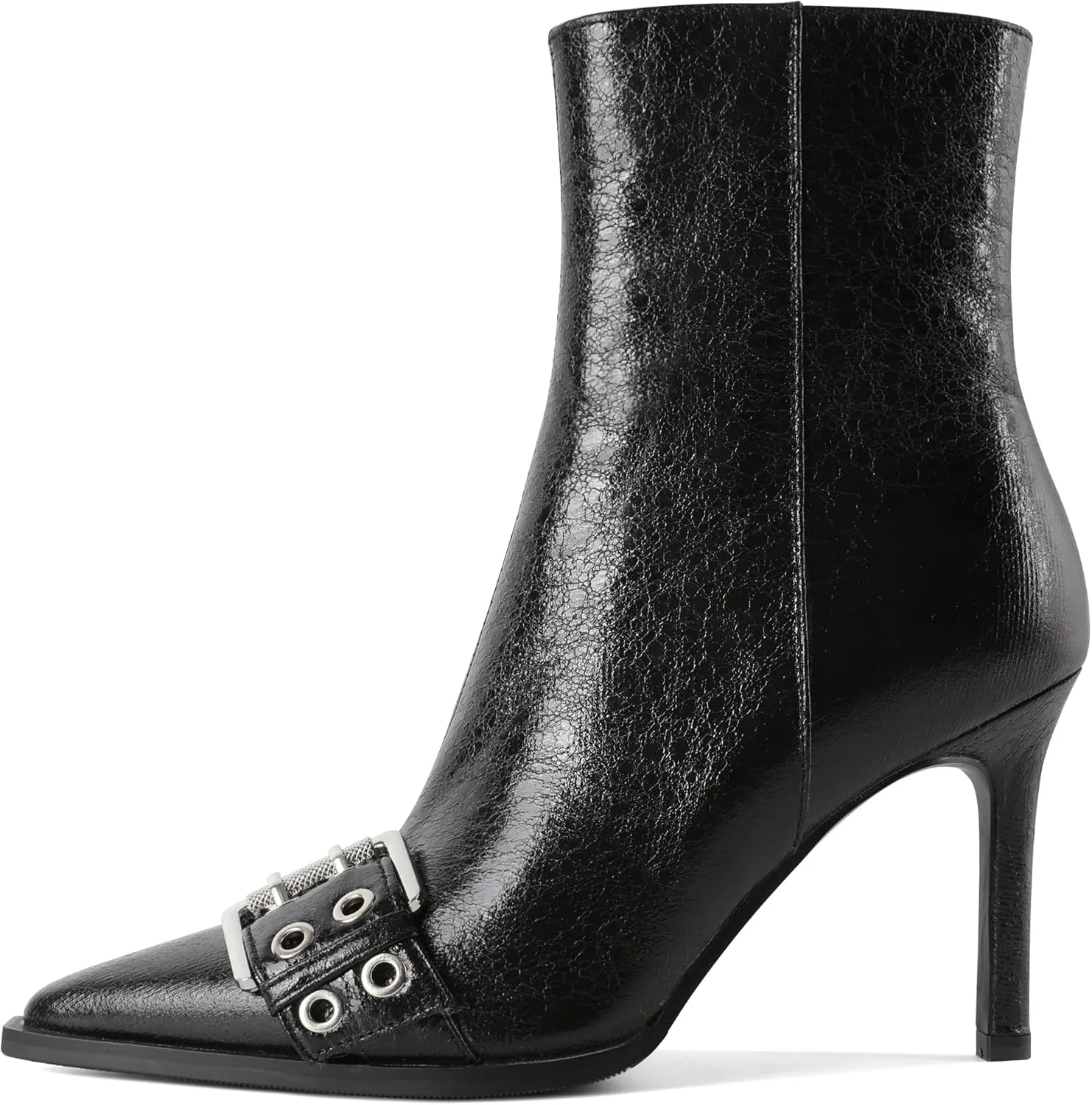 YODEKS Women Ankle Boots Pointed Toe 3.5" High Heel Boots Eyelets Buckles Straps Booties Side Zipper Short Boots