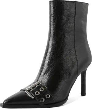YODEKS Women Ankle Boots Pointed Toe 3.5" High Heel Boots Eyelets Buckles Straps Booties Side Zipper Short Boots