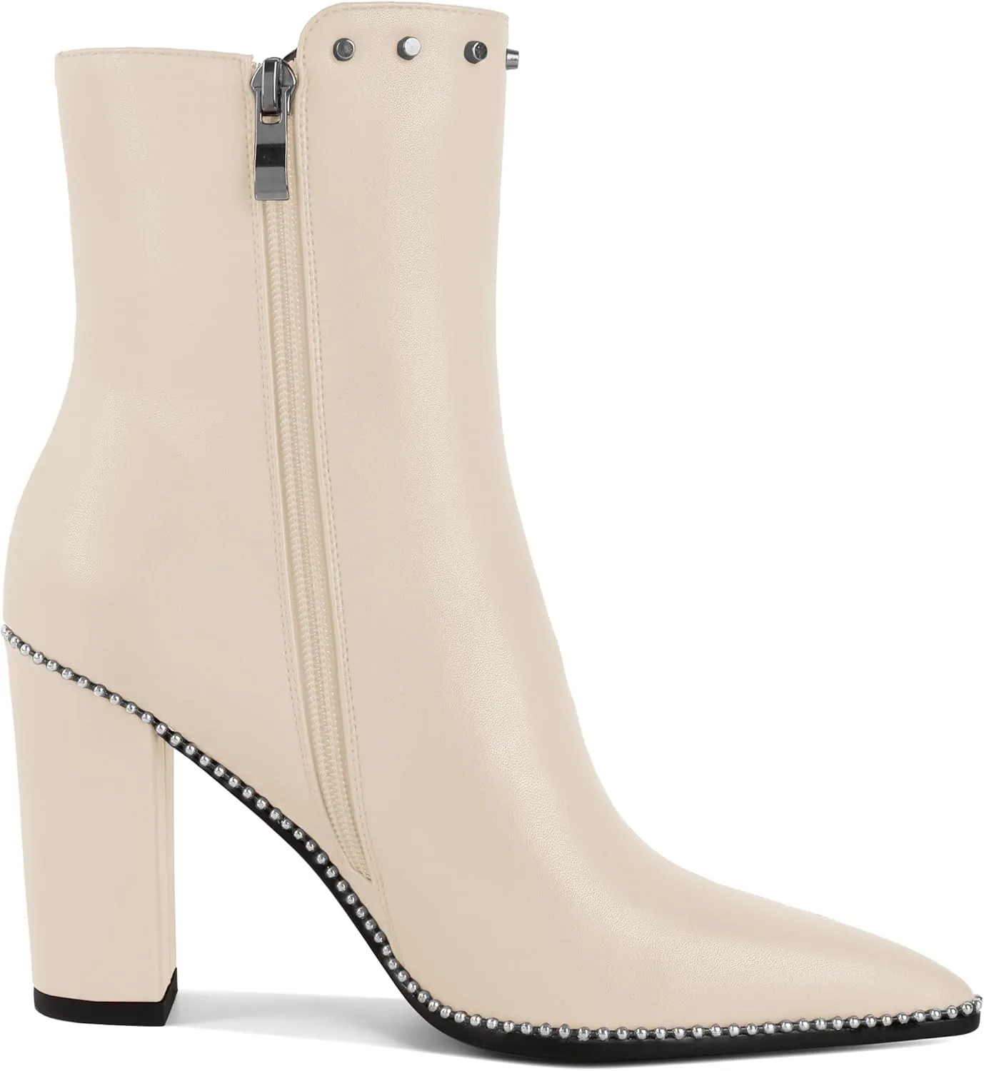 YODEKS Womens Ankle Booties 3.7 Inch Heel Chunky Boots Rivet Beaded Studded Pointed Toe Side Zipper Boots Size 5-13