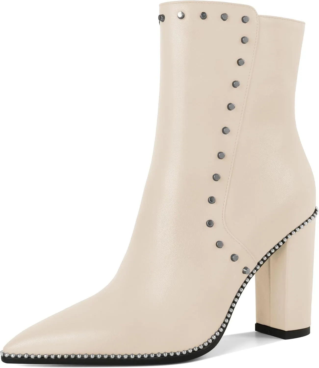 YODEKS Womens Ankle Booties 3.7 Inch Heel Chunky Boots Rivet Beaded Studded Pointed Toe Side Zipper Boots Size 5-13