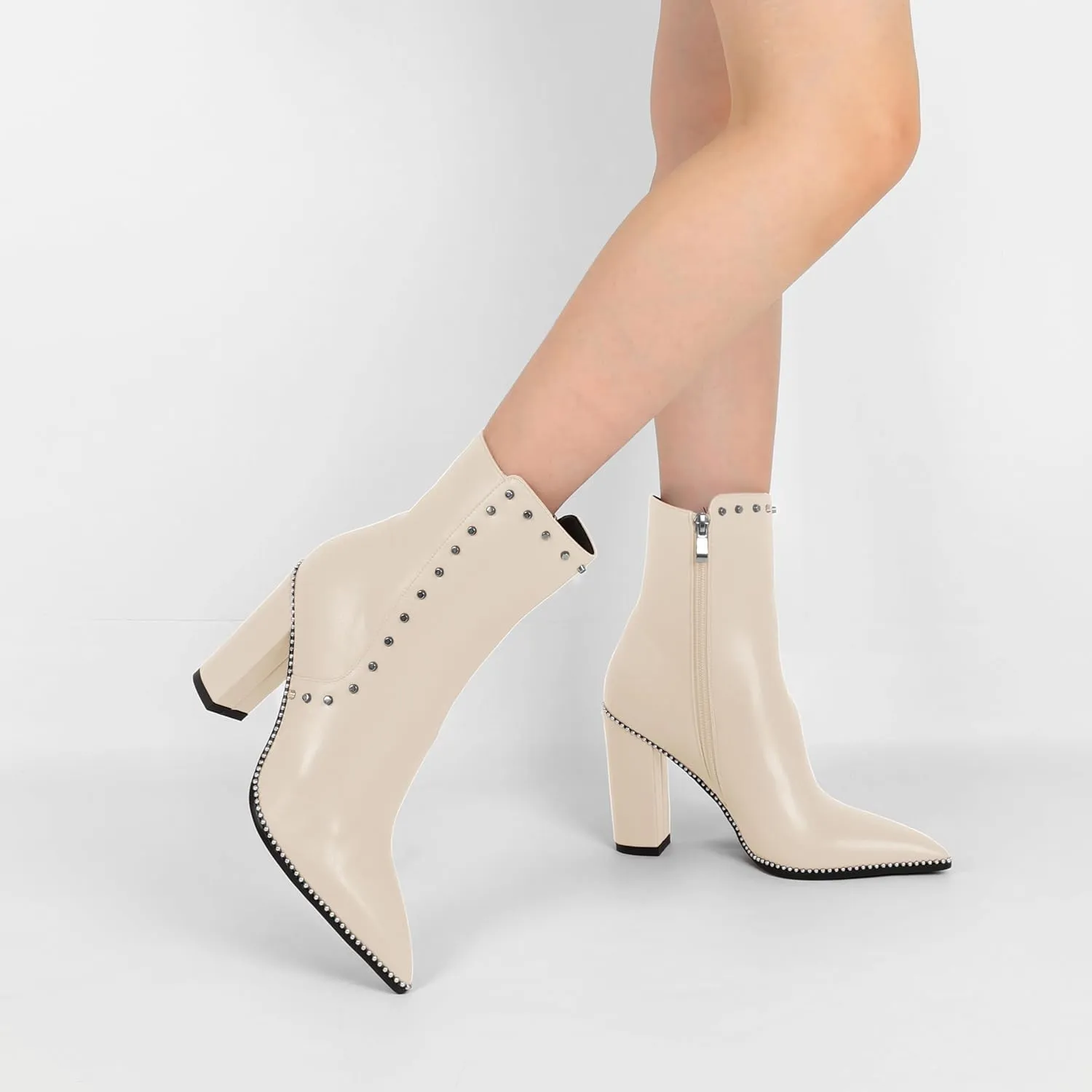 YODEKS Womens Ankle Booties 3.7 Inch Heel Chunky Boots Rivet Beaded Studded Pointed Toe Side Zipper Boots Size 5-13
