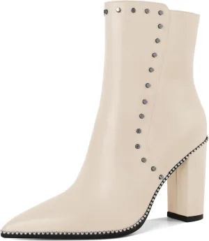 YODEKS Womens Ankle Booties 3.7 Inch Heel Chunky Boots Rivet Beaded Studded Pointed Toe Side Zipper Boots Size 5-13