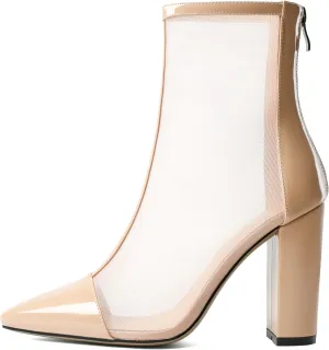 YODEKS Women's Chunky Block Heel Ankle Boots Sexy Pointed Toe High Heel Boots with Clear Mesh Ladies Zipper Boots Mid Calf Booties Shoes