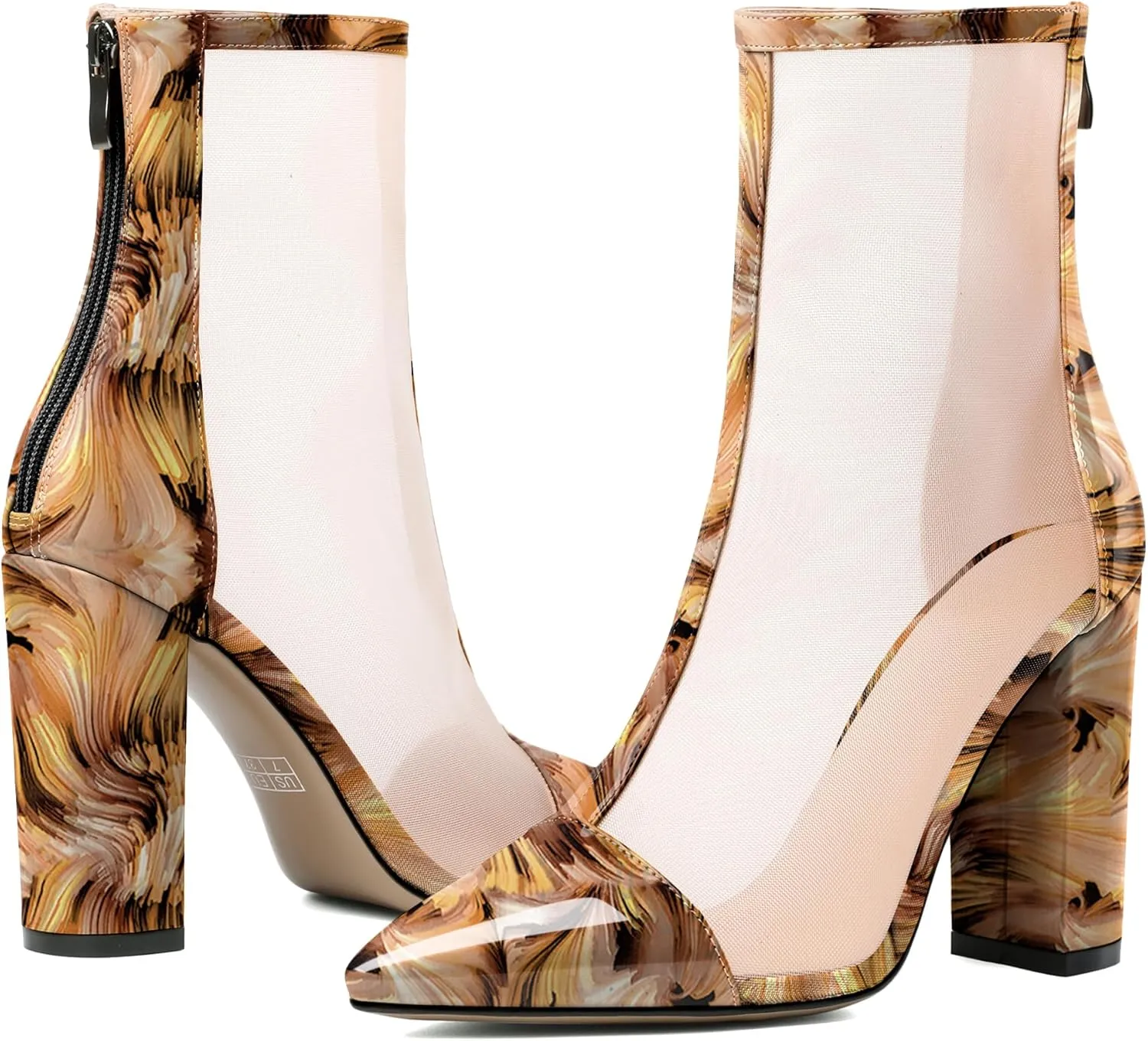 YODEKS Women's Chunky Block Heel Ankle Boots Sexy Pointed Toe High Heel Boots with Clear Mesh Ladies Zipper Boots Mid Calf Booties Shoes