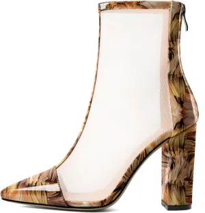 YODEKS Women's Chunky Block Heel Ankle Boots Sexy Pointed Toe High Heel Boots with Clear Mesh Ladies Zipper Boots Mid Calf Booties Shoes