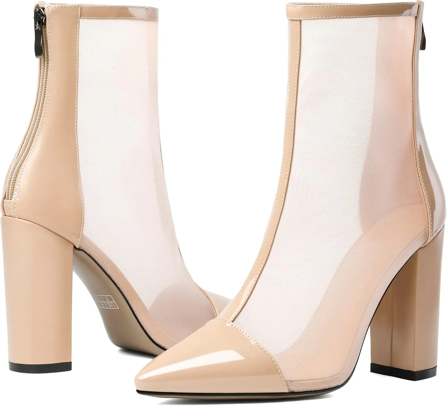 YODEKS Women's Chunky Block Heel Ankle Boots Sexy Pointed Toe High Heel Boots with Clear Mesh Ladies Zipper Boots Mid Calf Booties Shoes