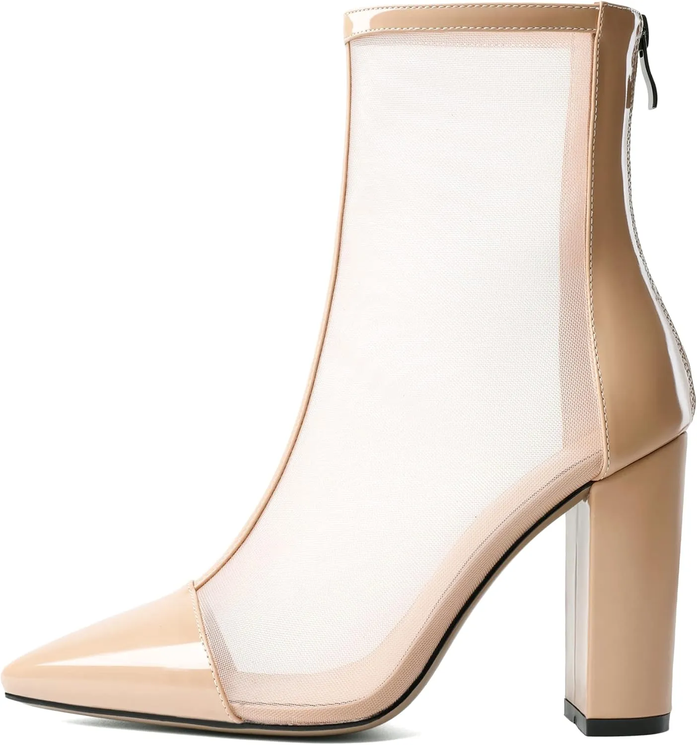 YODEKS Women's Chunky Block Heel Ankle Boots Sexy Pointed Toe High Heel Boots with Clear Mesh Ladies Zipper Boots Mid Calf Booties Shoes