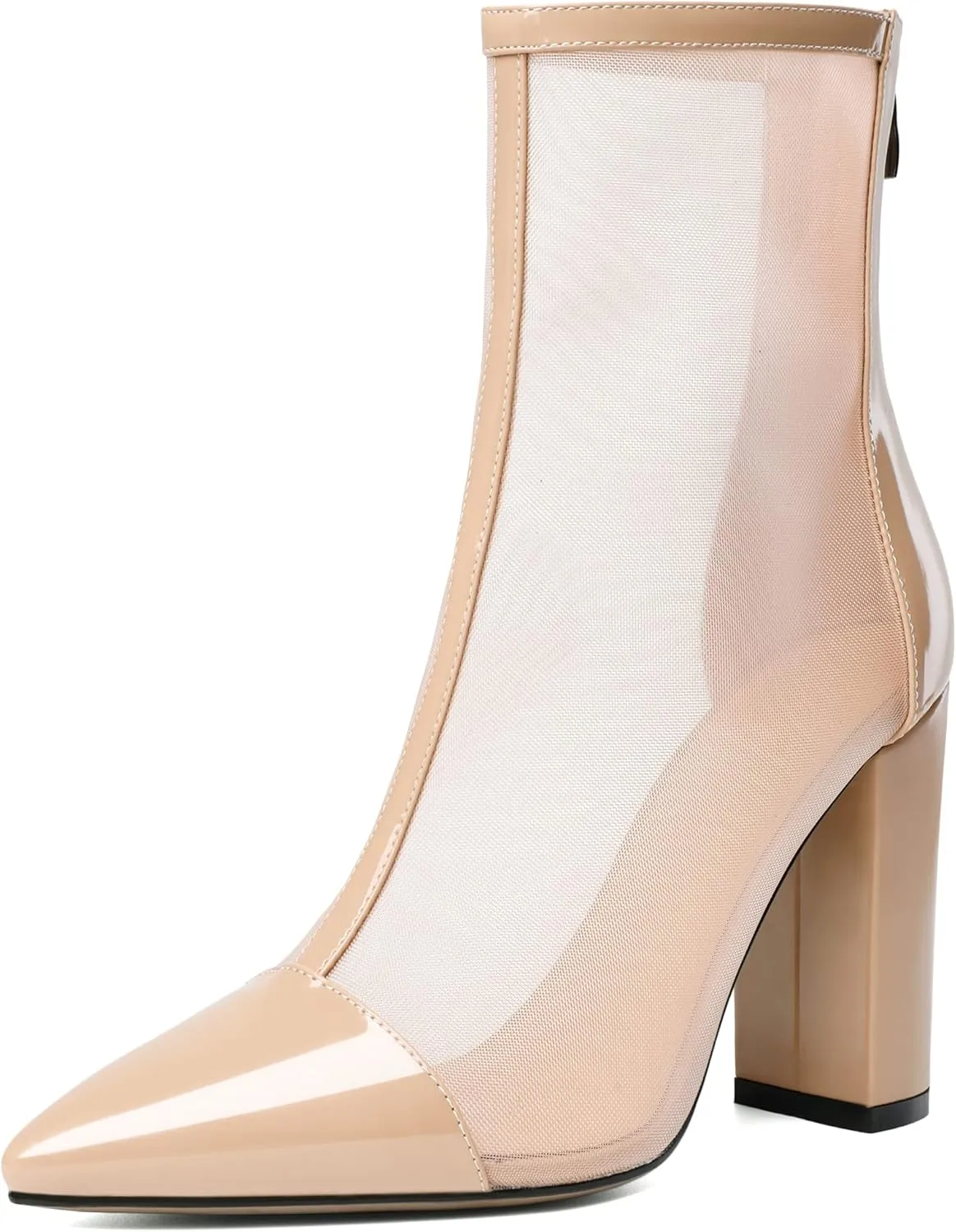 YODEKS Women's Chunky Block Heel Ankle Boots Sexy Pointed Toe High Heel Boots with Clear Mesh Ladies Zipper Boots Mid Calf Booties Shoes