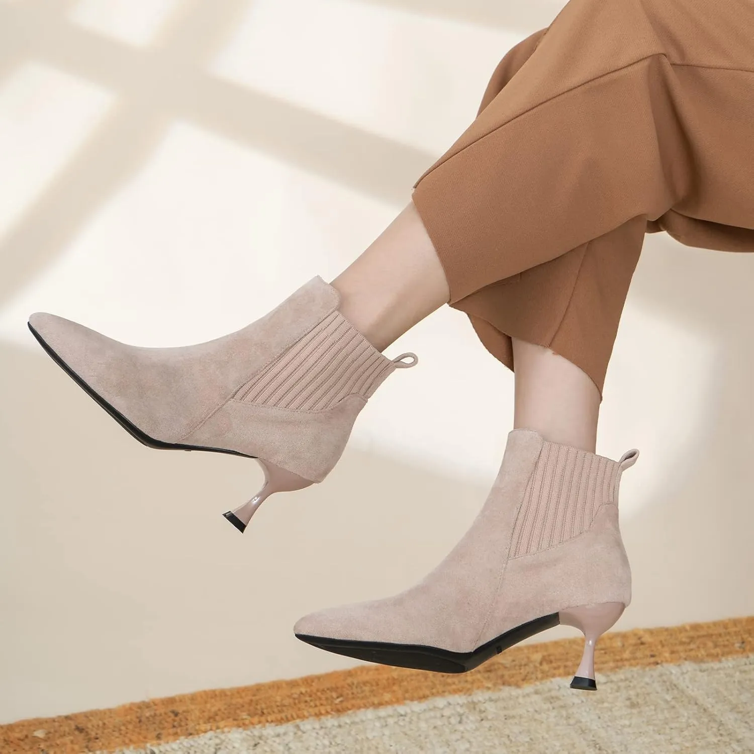 youngshow Womens Ankle Boots Pointed Toe Kitten Heels Booties Winter Knit Low Heel Dressy Booties