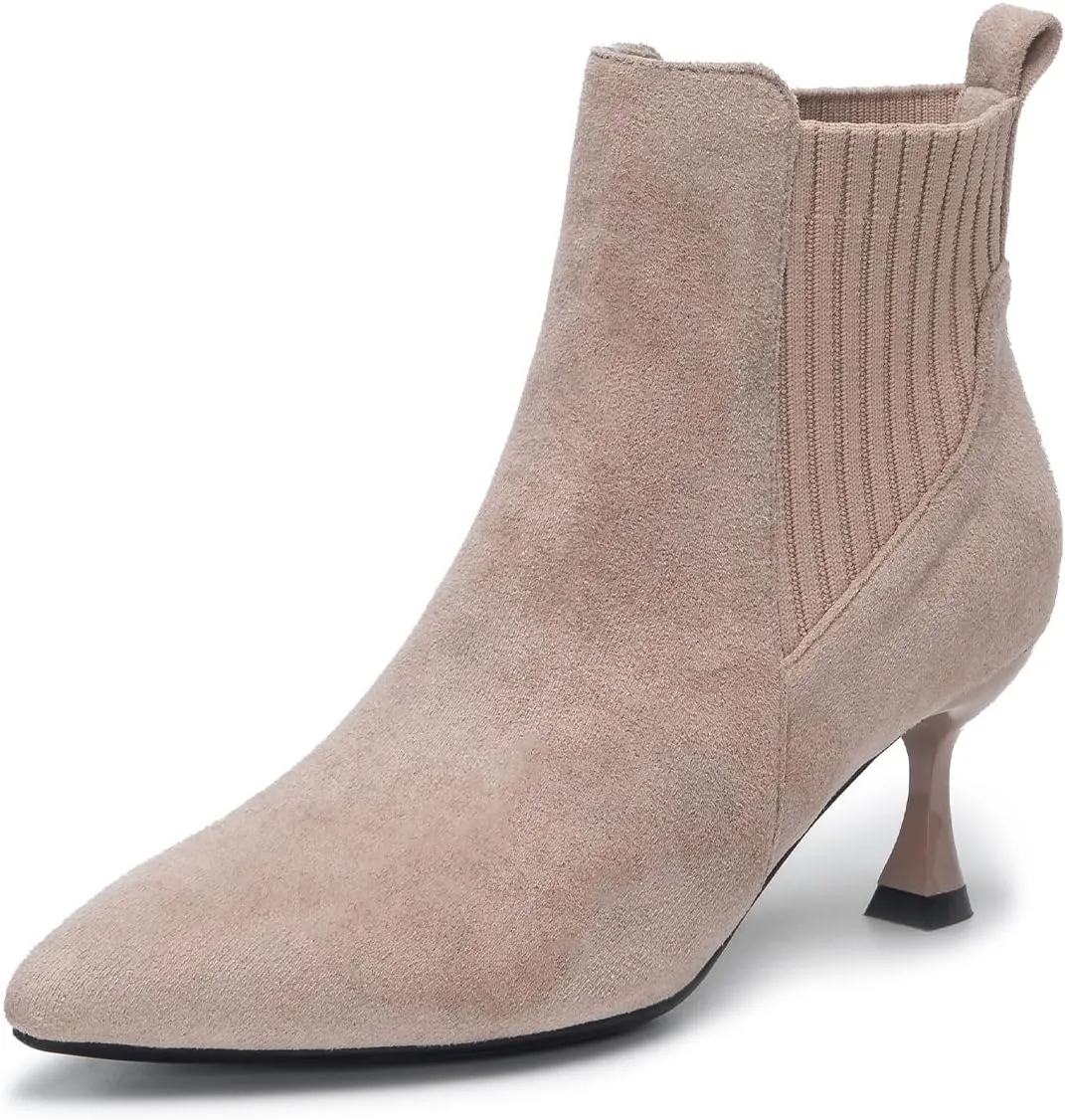 youngshow Womens Ankle Boots Pointed Toe Kitten Heels Booties Winter Knit Low Heel Dressy Booties