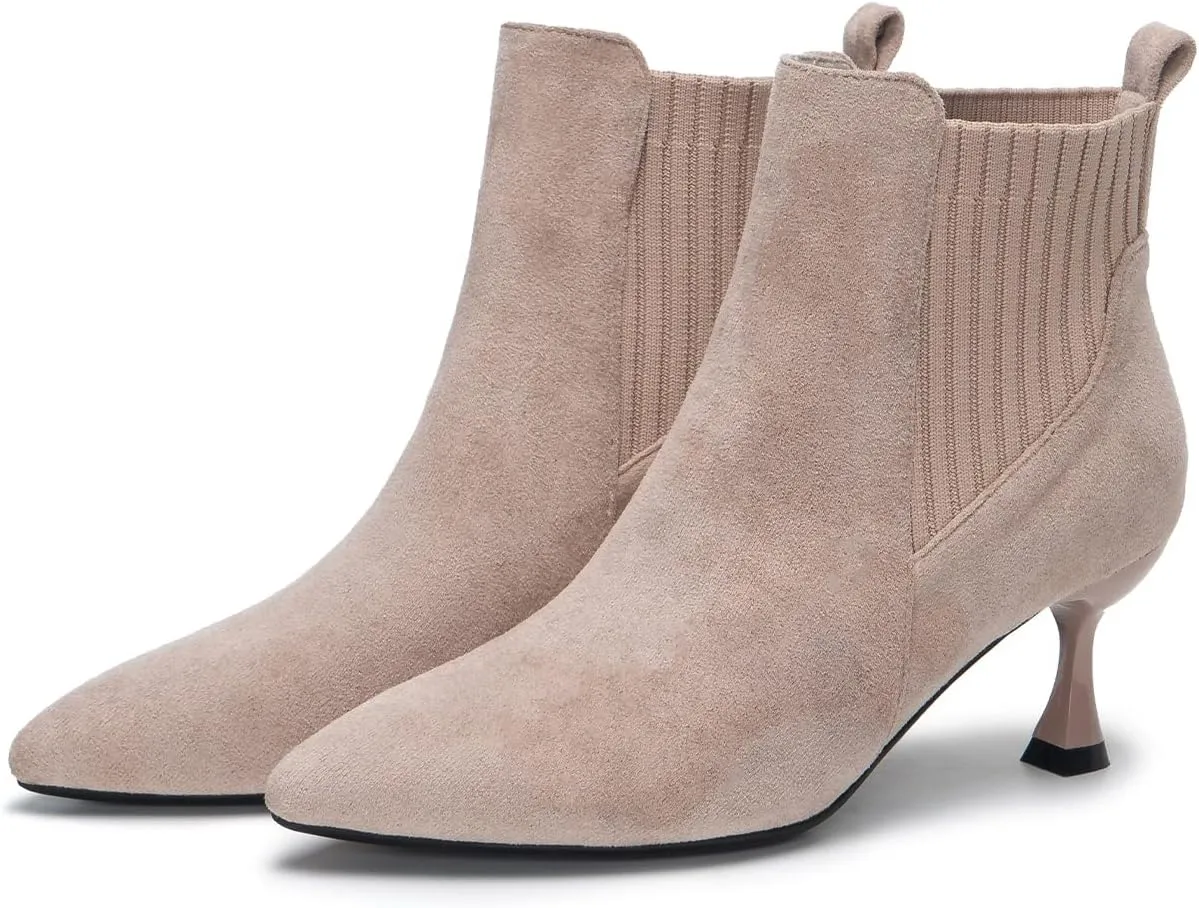 youngshow Womens Ankle Boots Pointed Toe Kitten Heels Booties Winter Knit Low Heel Dressy Booties