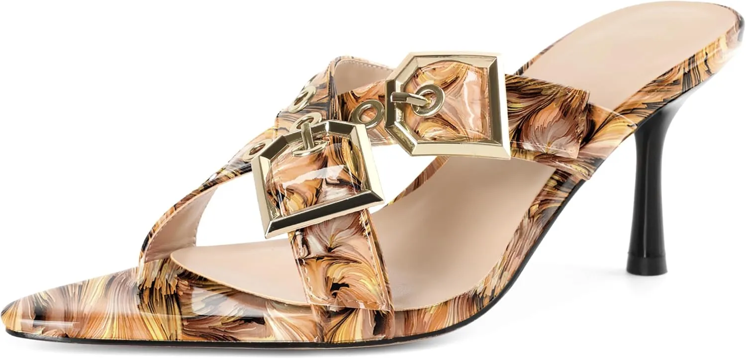 Zamikoo Womens Heeled Sandals Buckle Strappy Pointed Toe Stiletto High Heels Cross Strap Slip On Sexy Summer Dress Shoes 3 Inch