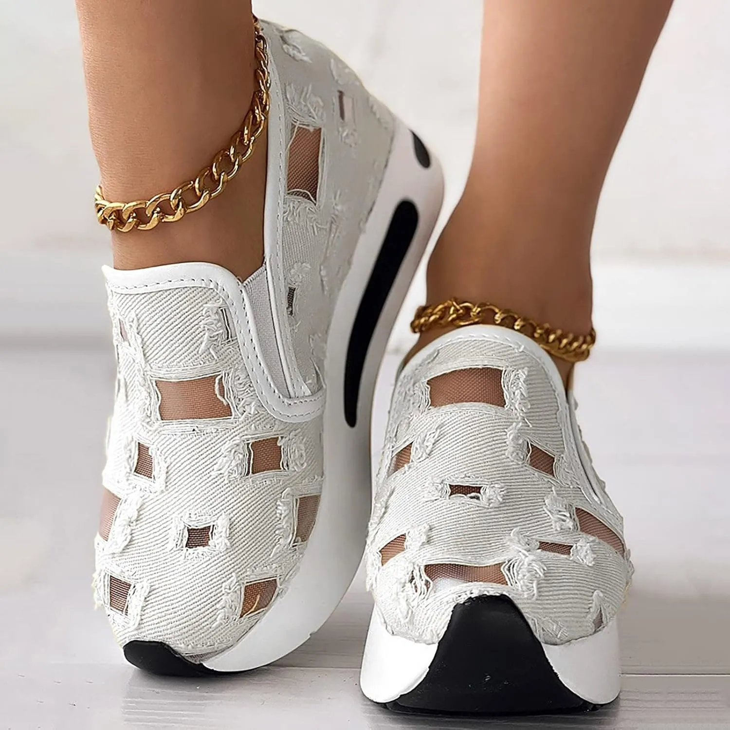ZBYY Platform Wedge Sneakers for Women Mesh Comfort Chunky Sole Hidden High Heels Slip On Loafers Breathable Walking Shoes