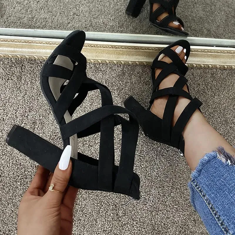 ZBYY Women's Ankle Strap Dress Pump Chunky High Heel Sandals Summer Crisscross Open Toe Block Heels Dress Pump Sandals